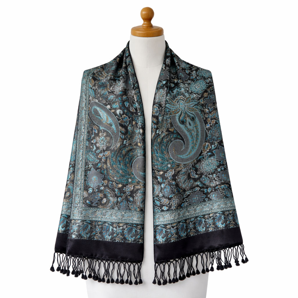 Black Jamavar Viscose Scarf With Blue Accents